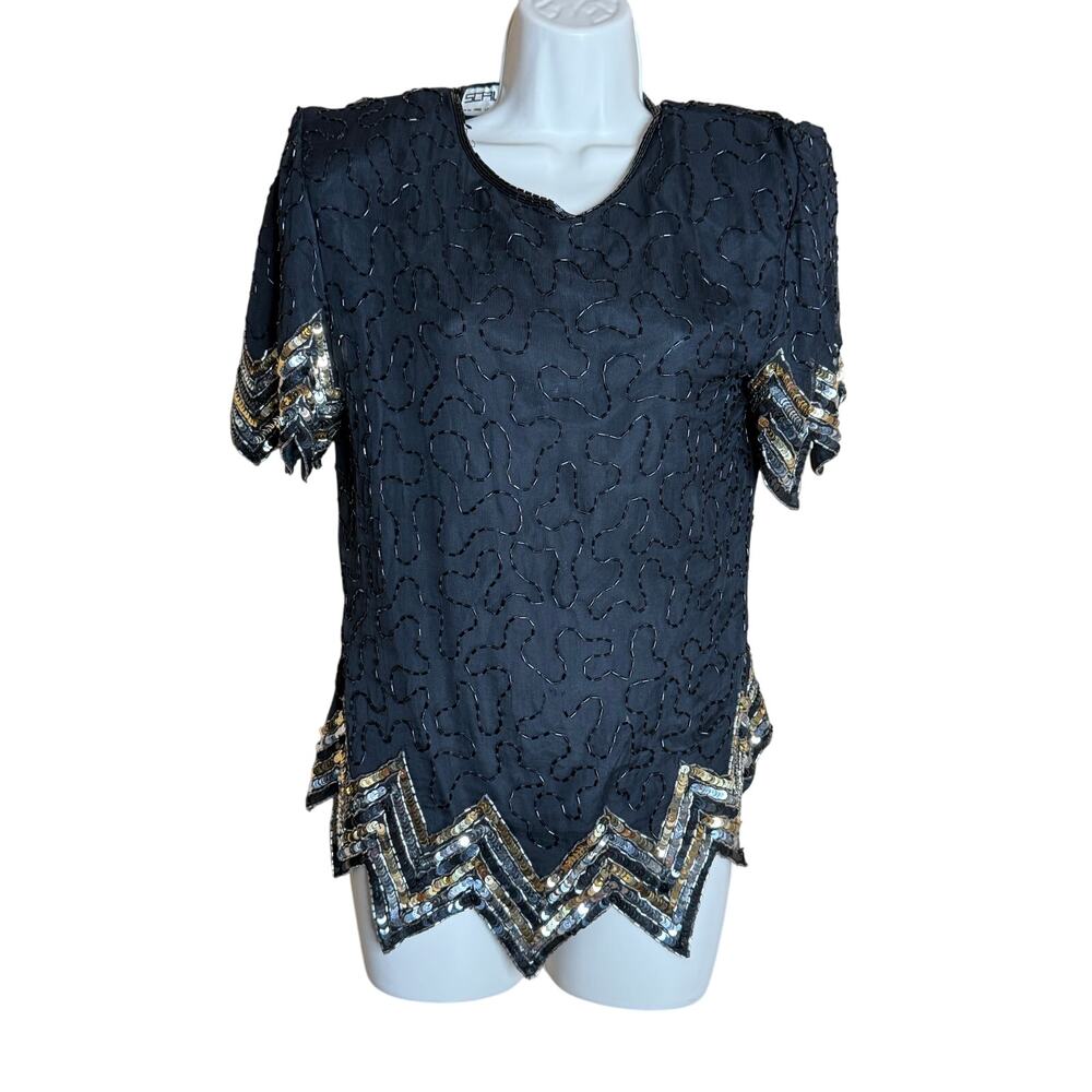 Scala Vintage Black and Gold Beaded Top Blouse M